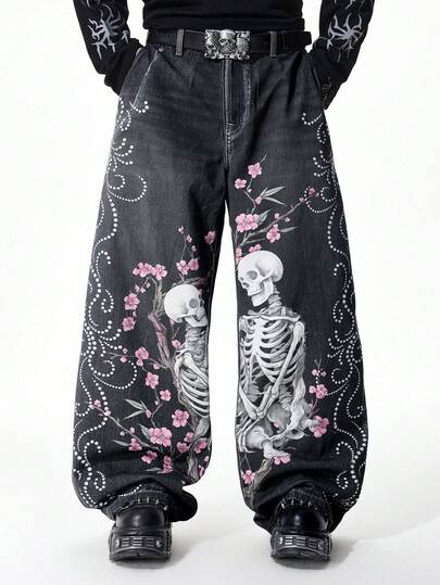 Street Life Men's Digital Print Skull & Sakura Flower Samurai Sword Graphic Jeans