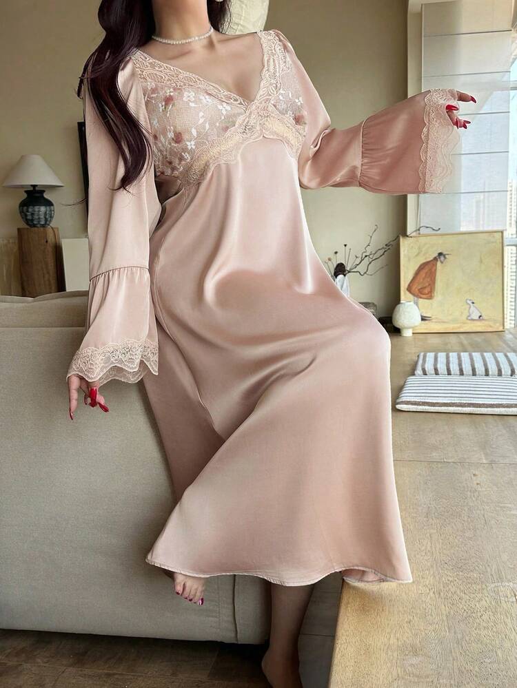 Dazy Plus Elegant Contrast Lace V-Neck Sexy Lantern Sleeve Fitted Maxi Nightgown