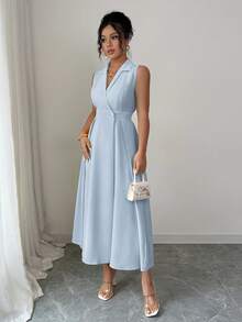 Elenzga Gaun Panjang Tanpa Lengan dengan Kerah dan Kancing Depan yang Elegan dan Kasual untuk Wanita - Baby Blue - View 3