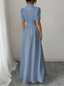 Elenzga Damen Einfarbiges Kleid mit Kragen, kurzen Puffärmeln und Knopfleiste, Lässig