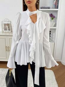 Modelyn French Style Flare Sleeve Ruffle Hem Women Blouse - Apricot - View 3