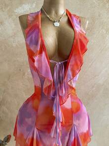 Soleia 女士扎染印花系带荷叶边下摆性感深V领连衣裙，度假款 - 彩色 - 查看 3