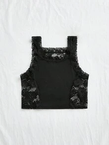 SHEIN 时尚蕾丝拼布背心，简约休闲风格，适合日常穿着 - 黑色 - 查看 5