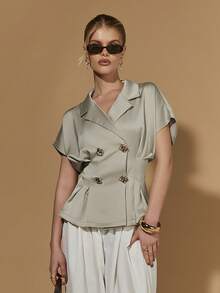 COSMINA 女士优雅通勤纯色双排扣高腰上衣，翻领设计，褶裥设计，简约时尚，适合办公室穿着，尽显优雅专业风范 - 綠色 - 查看 2