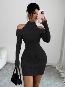 SHEIN Elenzya 女士休闲纯色针织罗纹露肩迷你毛衣连衣裙 - 黑色 - 查看 4