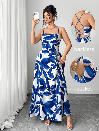 Elenzga Plus Size Elegant Spaghetti Strap Backless Side Pocket Fitted Waist Print Dress