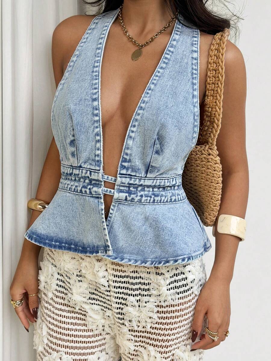 Sunnyshic 女士性感露背吊带牛仔外套，度假必备 - 藍色 - 查看 1