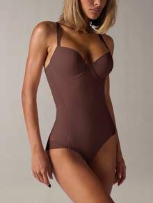 SHEIN BAE Bộ đồ định hình eo và bodysuit có xương cho nữ - Cà phê nâu - Xem 5