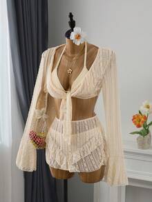 Bellisia 2022春夏度假沙滩四件套：可爱提花米色配套和服罩衫、半身裙和泳衣 - 米色 - 查看 5