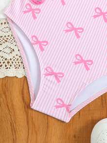 Young Girl Waist Tie Hollow Bowknot Striped Print Spaghetti Strap One-Piece Swimsuit - Pink - View 4