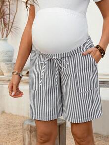 SHEIN 孕妇条纹印花扭结口袋休闲短裤 - 藍白色 - 查看 3