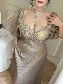 Dazy Plus Sequin Ruched Bust Puff Sleeve Waist Cinched Maxi Party Dress, Elegant & Slimming, Spring/Summer - Gold - View 7