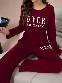 Lazeform 字母印花长袖上衣和长裤睡衣套装，秋冬舒适优雅细节 - 紅色 - 查看 1