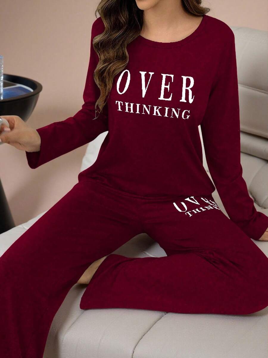Lazeform 字母印花长袖上衣和长裤睡衣套装，秋冬舒适优雅细节 - 紅色 - 查看 1