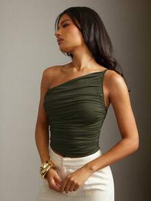 Hauture Women's Basic Casual Office Old Money One Shoulder Side Ruched Knit Jersey Brown Top - Army Green - View 6