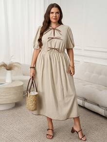 SHEIN LUNE 大码女式休闲时尚连衣裙，带蝴蝶结装饰和短泡泡袖 - 杏色 - 查看 7