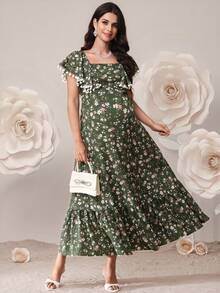 SHEIN 孕妇优雅碎花绒球装饰荷叶边连衣裙，夏季 - 綠色 - 查看 8