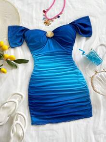 Soleia 女士度假连衣裙，海洋蓝渐变针织网纱无肩带露肩修身连衣裙，休闲百搭，适合度假、约会、下午茶、海滩、邮轮、城市旅行、音乐节、派对、波西米亚风、嬉皮风、西部风、日常通勤等场合。 - 藍色 - 查看 7