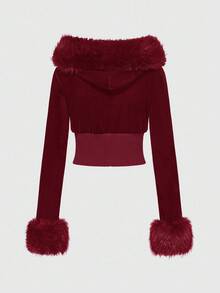 ROMWE J-Fashion 2件套Y2K风格天鹅绒水钻装饰卫衣套装，女士秋冬款 - 酒紅色 - 查看 5