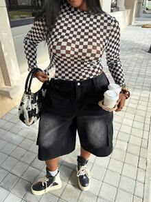 Muchica Plus 格纹印花生菜边短款上衣（不含吊带背心），夏季 - 黑與白 - 查看 6