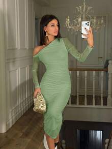 Ronhire Women's Autumn Mesh Ruched Elegant Date/Party Long Sleeve Mid-Length Bodycon Dress,Pastel Dresses For Women - Mint Green - View 6