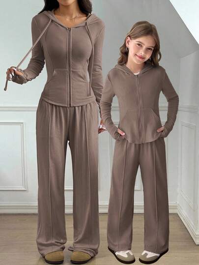Tween Girls 2pcs Solid Hoodie Top And Wide Leg Pants Set, Casual For Spring/Autumn, Daily Wear