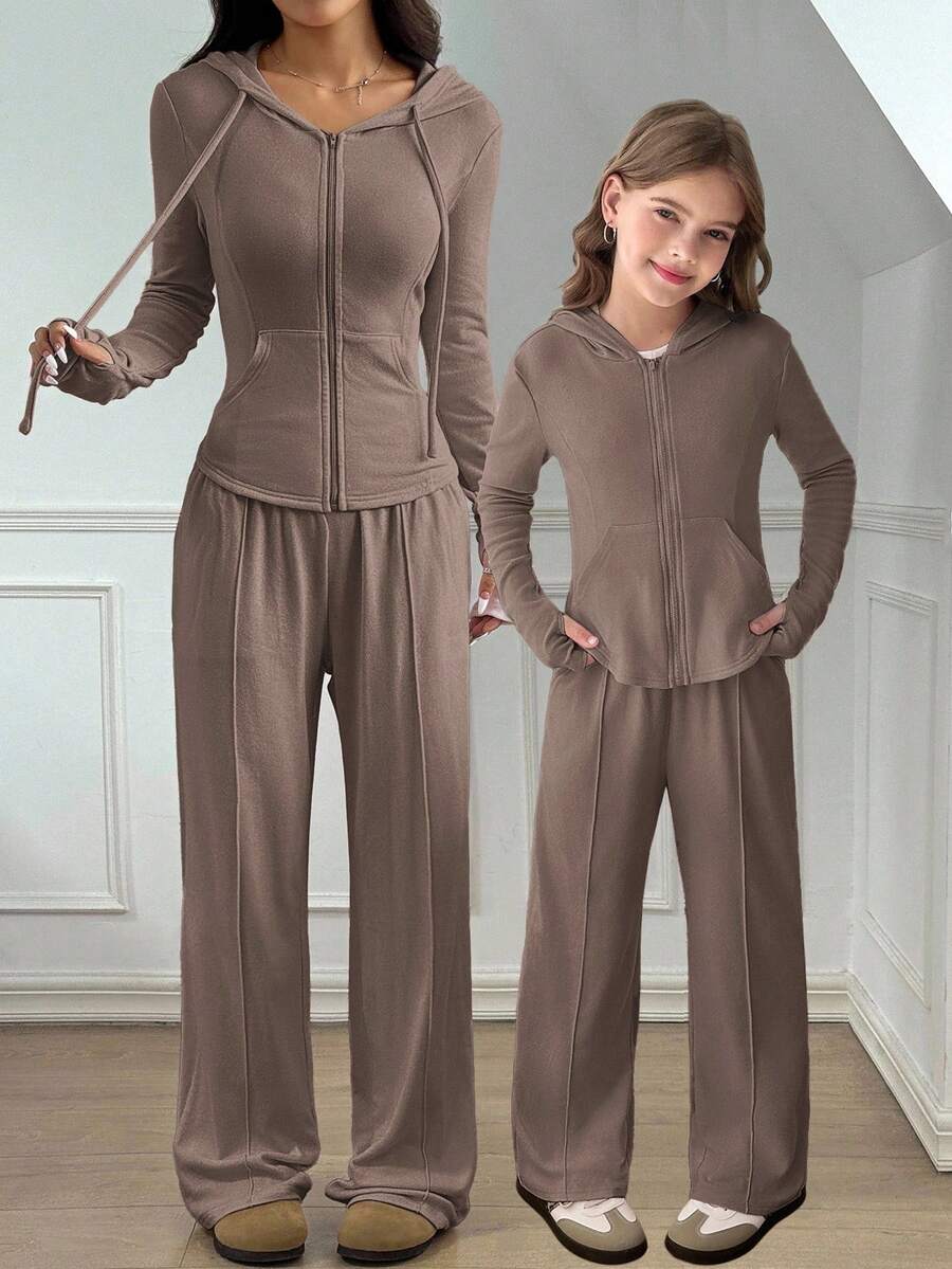 Tween Girls 2pcs Solid Hoodie Top And Wide Leg Pants Set, Casual For Spring/Autumn, Daily Wear - Mocha Brown - View 1
