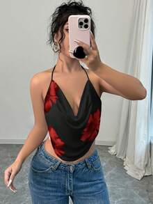 Firerie Modisches, elegantes, sexy Damen Top mit Blumenprint und tiefem Ausschnitt aus Mesh, geeignet für Sommer Urlaubsmode und Outfits - Bordeaux - Übersicht 5