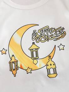 3pcs/Set Toddler Boys' Middle Eastern Style Printed Loose Short Sleeve Top + Unique Printed Jogger Pants + Unique Printed Hat, T-Shirt Outfit, Autumn/Winter Baby Boy Summer Sets Baby Boy Outfits With Hat Baby Boy Moon And Lantern Outfit رمضان  قرقيعان	 فستان العيد  الملابس التقليدية العربية Baby Boy Muslim Outfit Islamic Baby Clothing Moon And Lantern Baby Outfit - Black - View 7