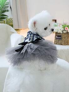 PETSIN 1 bộ quần áo đa năng cho mèo và chó, màu xám xanh nhạt, thích hợp cho mùa xuân và mùa thu, kiểu dáng công chúa với nơ ngọc trai trang trí. - Màu xanh xám - Xem 4
