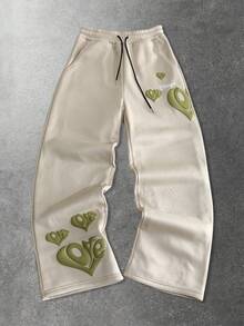 ROMWE MEN 男士休闲街头风爱心英文印花直筒运动裤，秋冬款 - 杏色 - 查看 3