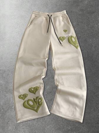 Pantaloni della tuta casual da uomo stile strada, con stampa a cuore e scritta in inglese, gamba dritta, adatti per autunno/inverno