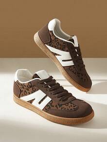 CUCCOO EASI Women's Fashionable Versatile Leopard Print Patchwork Casual Sneakers - Brown - View 6