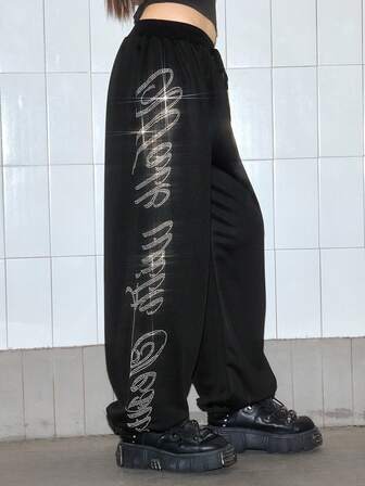 ROMWE Avant Pantalon de survêtement ample à taille basse avec logo de rue, slogan et décoration de strass