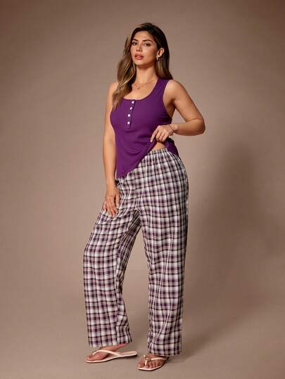 Lazeform Conjunto de ropa de estar en casa de 2 piezas con chaleco sin mangas a cuadros vintage de talla grande