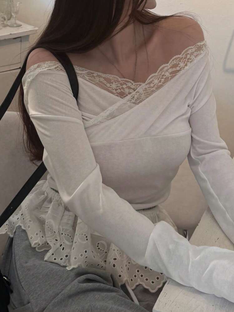 Women's Sexy Off-Shoulder Lace Undershirt Tee Long Sleeve Spring