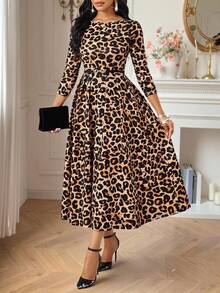 SHEIN Lady 女式豹纹七分袖褶皱优雅连衣裙 - 彩色 - 查看 1