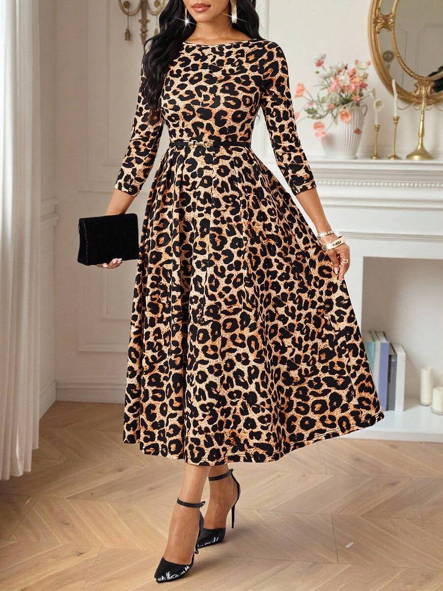 SHEIN Lady 女式豹纹七分袖褶皱优雅连衣裙 - 彩色 - 查看 1