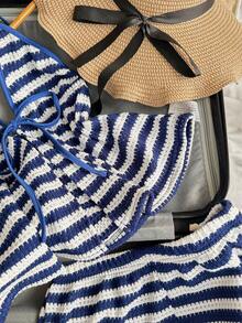 Trelyra 女士条纹系带露背上衣和短裤两件套，春夏款 - 藍白色 - 查看 7