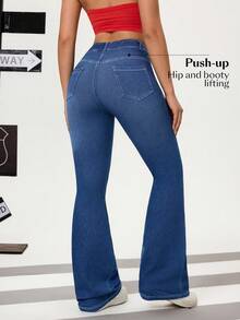 Flexra Women's Casual Washed Floral Embroidered Flare Jeans - Dark Wash - View 2