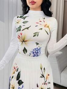 Feyla 女士印花立领长袖上衣和百褶裙休闲度假套装 - 彩色 - 查看 6