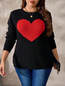 EMERY ROSE Plus Size Women's Cute Black And Red Heart Jacquard Sweater, Autumn Round Neck Long Sleeve Pullover With Decorative Buttons, Slouchy Commute Versatile - Multicolor - View 4