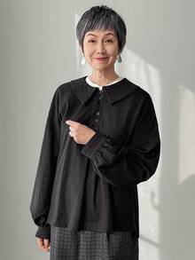 FRIFUL 女士休闲宽松纯色长袖T恤，日常百搭 - 黑色 - 查看 3