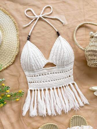 Soleia Blusa de punto con cuentas, escote halter y flecos en el bajo, para mujer talla grande. Adecuada para citas, té de la tarde, playa, cruceros, vacaciones en la ciudad, temporada de bodas, festivales de música, vacaciones bohemias