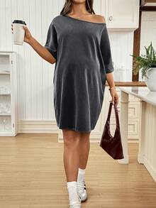 SHEIN 孕婦純色露肩休閒寬鬆日常穿著短袖洋裝 - 黑色 - 查看 8