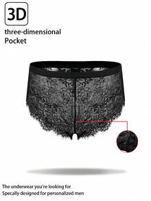 سراويل داخلية رجالية سوداء مطاطية الخصر مزينة بالدانتيل الجذاب - الأسود - مشاهدة 1