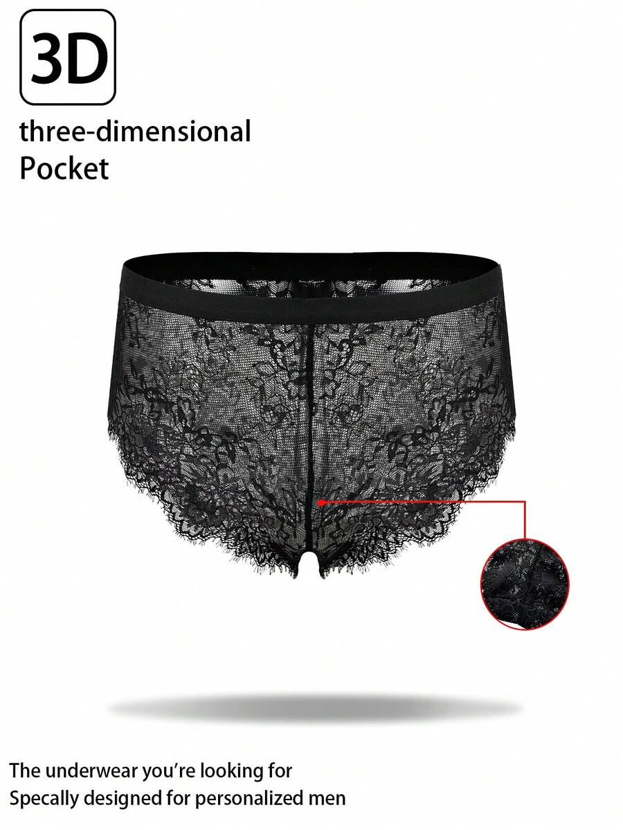سراويل داخلية رجالية سوداء مطاطية الخصر مزينة بالدانتيل الجذاب - الأسود - مشاهدة 1