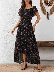 EMERY ROSE 女士碎花甜心领短袖连衣裙 - 黑色 - 查看 5