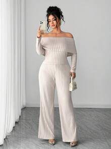 Elenzga Plus Size Autumn/Winter New Off-Shoulder Unique Slimming Top + Knitted Fashion Pants Set
