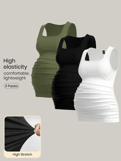 Modmama 3pcs Maternity Women's Solid Color Slimming Tank Tops, Casual & Simple, Perfect For Summer